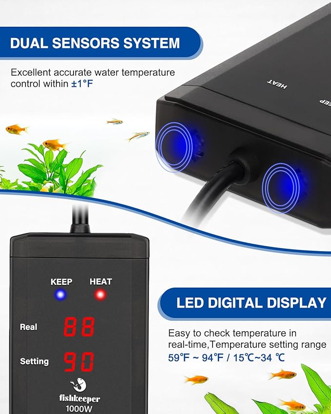 fishkeeper 500W Submersible Aquarium Heater – Ultra-Safe Digital Fish Tank Heater for 53-130 Gallon, Leaving Water Auto Power-Off, PID Intelligent Fast Heating, 59°F-93°F Accurate Temperature Control-PawvioPets