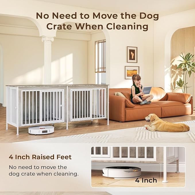 63 Inch Dog Cage Furniture for 2 Large/Medium Dogs with Removable Divider, Extra Large Double Doors Dog Kennel, XXL Thick Wooden Dog cage Furniture, Durable and Sturdy, Beige-PawvioPets