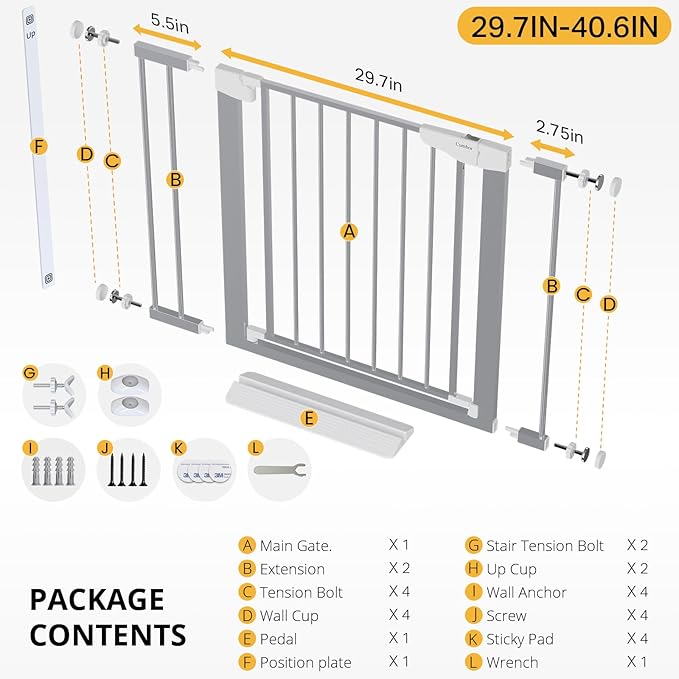 Cumbor 29.7"-40.6" Baby Gate for Stairs, Mom's Choice Awards Winner-Dog Gates for Doorways, Pressure Mounted Auto-Close Pet Gates for Dogs Indoor, Safety Child Gate with Easy Walk Thru Door, Gray-PawvioPets