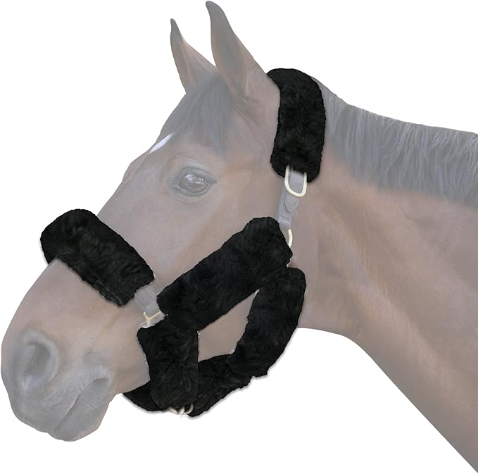 ECP Equine Comfort Products Merino Sheepskin Halter Fleece Set for Horses, 100% Natural Wool, Chafe Protection, Breathable Relief & Cushioned Comfort, Machine Washable, 9-Piece Set, Black-PawvioPets