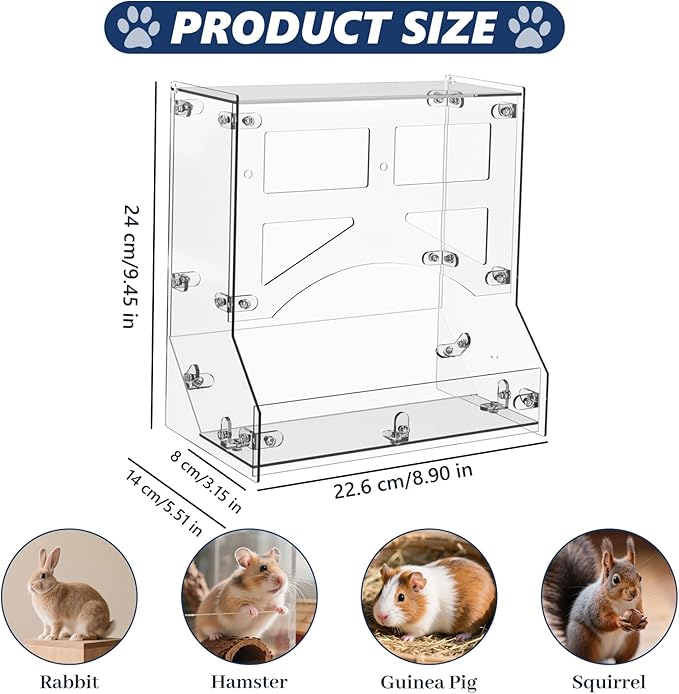Acrylic Rabbit Hay Feeder with Lid, Transparent Hanging Food Dispenser Hay Feeder for Bunny Rabbits Guinea Pig Cage Chinchillas Hamsters Small Pets and Animals（Large-PawvioPets