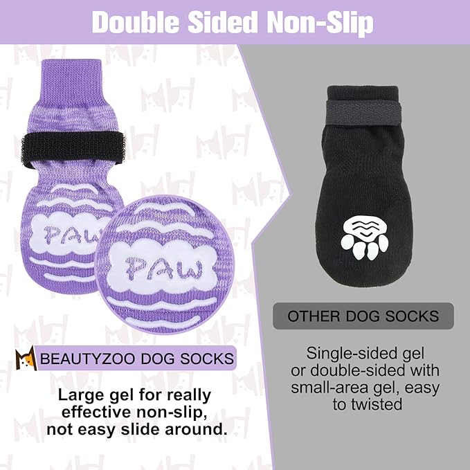 BEAUTYZOO Anti Slip Dog Socks for Small Medium Large Dogs with Grips Straps on Hardwood Floor Protection Wear, Traction Control 3 Pairs Double Side Paw Protector to Prevent Licking for Girl or Boy-PawvioPets