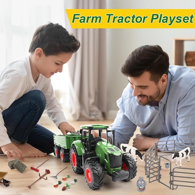 Farm Animal Tractor Toys Playset-16.5 Inches Tractor with Trailer Fence,Farmer,Tree,Cow,Farm Toy Set for Boys Girls Kids Toddlers Age 3-7 Years Old-PawvioPets