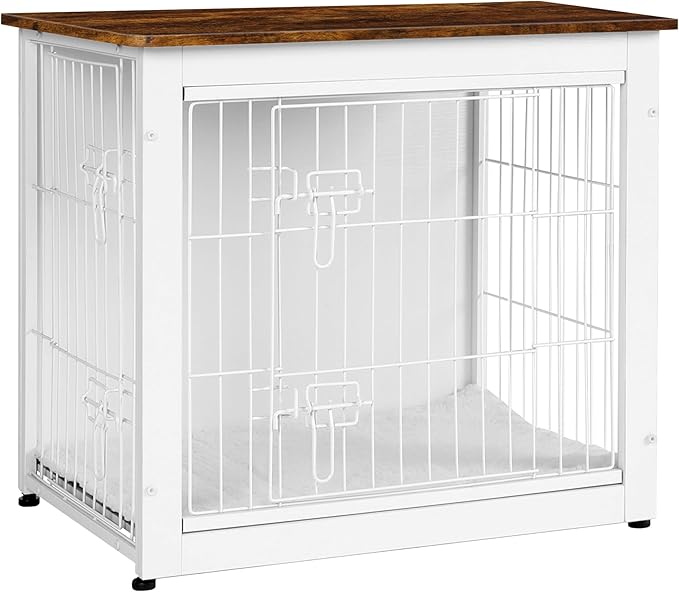 DWANTON Dog Crate Furniture with Cushion, Wooden Kennel Table with Double Doors, Indoor Dog House, Small/Medium/Large Size, 27.2" L, White+Rustic Brown-PawvioPets