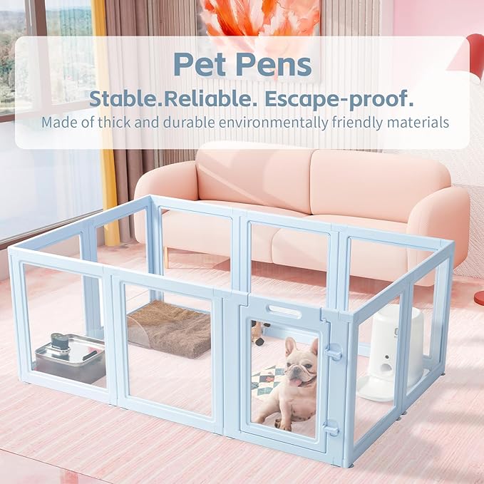 DIY Clear Acrylic Dog Playpen House,Quick Easy Assembly and Disassembly,Strong Floor Suction,Indoor and Outdoor Use,Easy Cleansing Puppy Fence (Sky Blue, 23.6" H, 12PCS)-PawvioPets