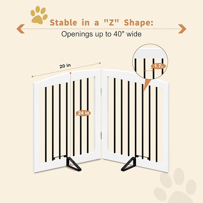 Freestanding Pet Gate for Dogs, Foldable Wooden Dog Gate for House, Indoor Pet Barrier for Stairs, Doorways, Support Feet Included, 24" Height 2 Panels, White-PawvioPets