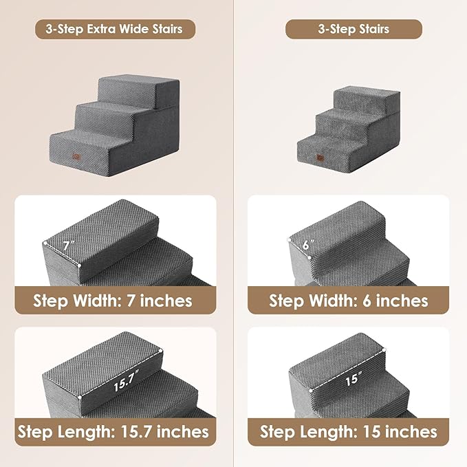 EHEYCIGA Dog Stairs for Small Dogs 16.5" H, 3-Step Extra Wide Dog Steps for Couch Sofa and Chair, Pet Steps for Medium Cats, Non-Slip Balanced Pet Ramp Indoor, Grey-PawvioPets