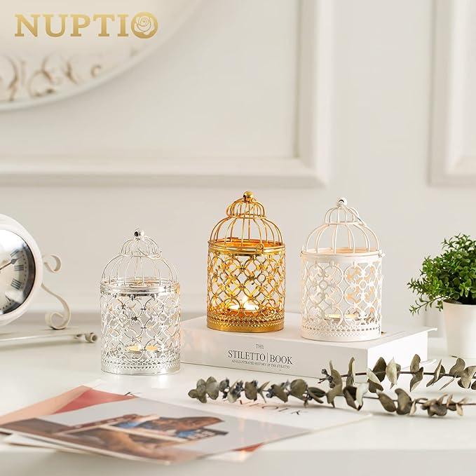 2 Pcs Small Metal Tealight Hanging Birdcage Lantern, Vintage Decorative Centerpieces of Wedding, Party, Gold-PawvioPets