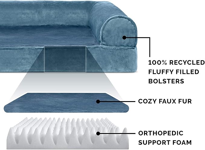 Furhaven Orthopedic Dog Bed for Large/Medium Dogs w/ Removable Bolsters & Washable Cover, For Dogs Up to 55 lbs - Faux Fur & Velvet Sofa - Harbor Blue, Large-PawvioPets