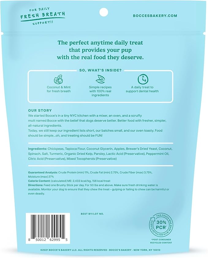 Bocce’s Bakery Dailies Brushy Sticks to Support Oral Health & Fresh Breath, Wheat-Free Dental Bars for Dogs, Made with Real Ingredients, Baked in the USA, All-Natural Coconut & Mint Recipe, Large Dogs-PawvioPets