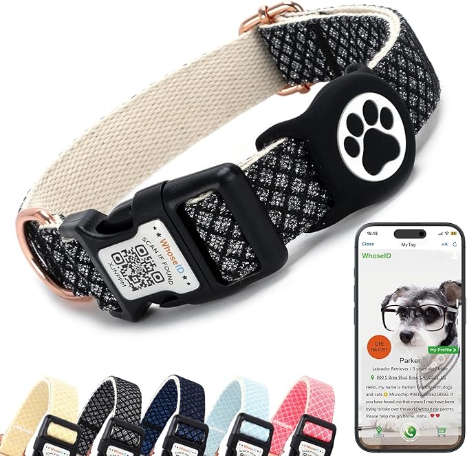 Dog Collar with Waterproof AirTag Holder & Anti-Lost QR Code, Cute Bling Warpping Adjustable Width for Small Medium Large Pet (Black, L)-PawvioPets