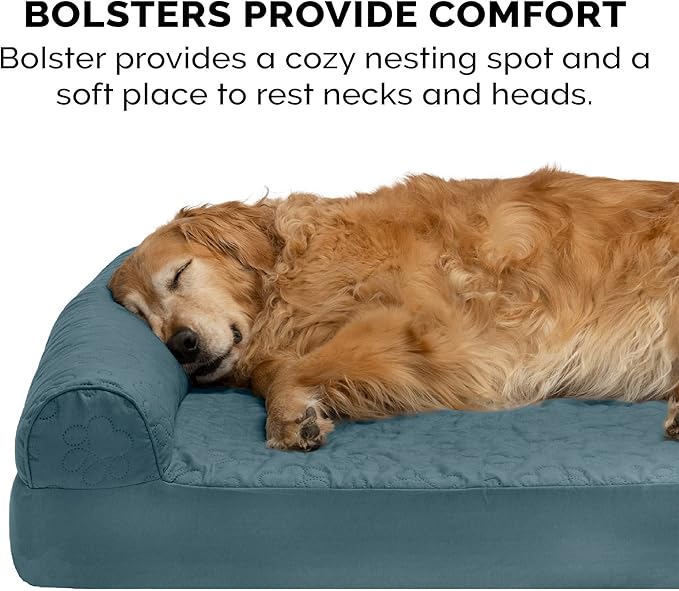 Furhaven Cooling Gel Dog Bed for Large/Medium Dogs w/ Removable Bolsters & Washable Cover, For Dogs Up to 55 lbs - Pinsonic Quilted Paw L Shaped Chaise - Bluestone, Large-PawvioPets