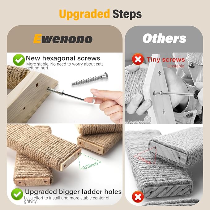 4-Step Cat Wall Shelves and Stairs With Sisal Rope - Improved & Stronger Tree Supplies, Large, Brownish White-PawvioPets
