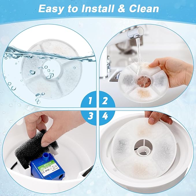 12 Pack Cat Water Fountain Filter, 8 Pcs Cat Fountain Filters Replacement & 4 Pcs Pre-Filter Sponges for 81oz / 2.4L Round Automatic Pet Water Fountain Dog Dispenser, 3-Filtration System-PawvioPets