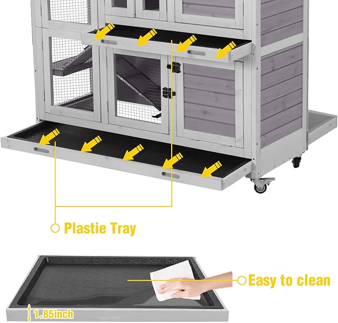 Aivituvin Rabbit Hutch Indoor, Bunny Cage with Wheels, 2-Story Design, 2 Deep Trays, Anti Slip Ramp, Ideal for Small Animals - Grey-PawvioPets