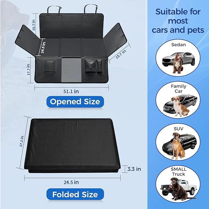 Back Seat Extender for Dogs,Hard Bottom Car Seat Cover,100% Waterproof 600D Heavy Durable Scratchproof Leather Car Dog Cover Back Seat,Non Slip Easy Clean Car Seat Protector,with Storage Bag-PawvioPets