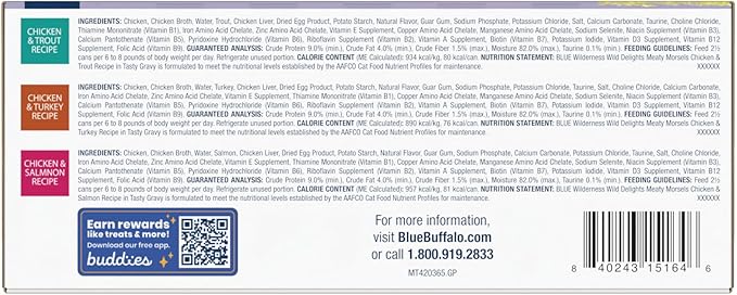 Blue Buffalo Wilderness Wild Delights High Protein Grain Free, Natural Adult Meaty Morsels Wet Cat Food, Ⲥhicken & Turkey, 𝙲hicken & Trout, 𝐂hicken & Salmon 3-oz cans (12 count - 4 of Each Flavor)-PawvioPets