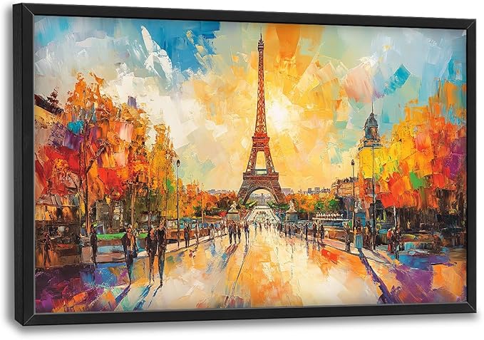 Framed Large Eiffel Tower Wall Art for Living Room, Oversized Paris City Street Landscape Wall Decor, Colorful Sunrise Canvas Painting Modern Artwork for Living Room Bedroom Office 36"x24"-PawvioPets