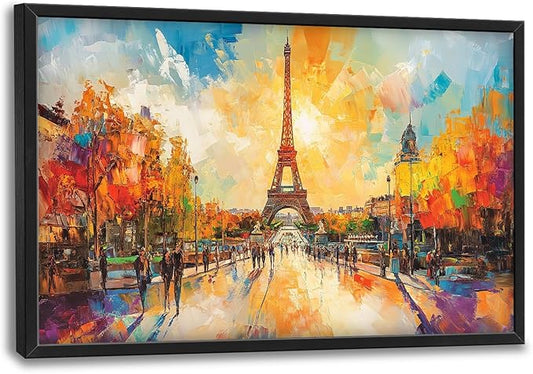Framed Large Eiffel Tower Wall Art for Living Room, Oversized Paris City Street Landscape Wall Decor, Colorful Sunrise Canvas Painting Modern Artwork for Living Room Bedroom Office 36"x24"-PawvioPets