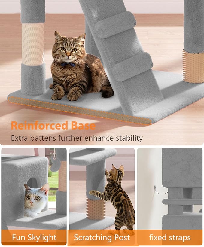 77'' Cat tree Tower for Indoor Cats Large Adult,Cute/Tall Modern Cat Tree for Big Cats 20 lbs,Plush Multi-Level Cat Condo with Scratching Posts,Dangling Ball for fun play(Light Gray, 77 inch)-PawvioPets
