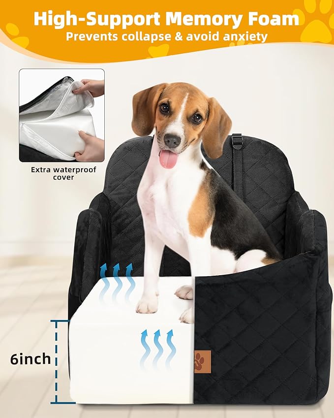 Car Seat Booster for Dog: High-Support Memory Foam Pet Car Seat for Small/Medium Dogs Under 35lbs with Elevated Cushion - Detachable Washable Puppy Travel Bed for Driving with Pockets (Black)-PawvioPets