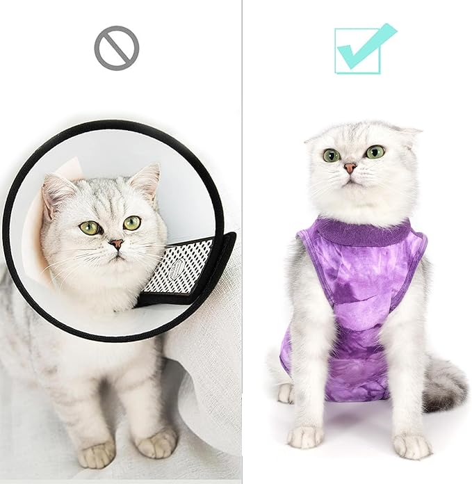 Cat Recovery Suit for Male and Female Surgical Post Surgery Soft Cone Onesie Tie Dye Cats Shirt Clothes Neuter Licking Protective Diapers Outfit Cover Kitten Spay Collar Alternative(Purple, L)-PawvioPets