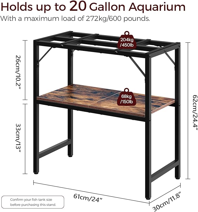 20 Gallon Fish Tank Stand, Aquarium Stand with 2-Tier Storage Shelves, Heavy Duty Breeder Turtle Terrarium Stand Rack for Home Office, 24.0" L x 11.8" W x 24.4" H, Rustic Brown FTHR2001-PawvioPets