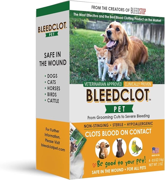 BleedClot Pet First Aid Blood Clotting Powder | The Best for All Animals to Stop Bleeding, Guaranteed | for Minor Cuts and Severe Arterial Bleeding | from The Makers of BleedStop (4 Pouches (0.5 oz))-PawvioPets