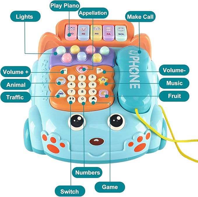 Baby Phone Toy,Baby Toy Phone Cartoon Baby Piano Music Light Toy Children Pretend PhoneToy Gift Game Boy Girl Early Education Gift Blue (18 M+)-PawvioPets