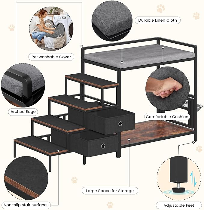 Dog Window Perch with 360° & Adjustable Raised Feeder, Pet Bunk Bed with Removable Stair and 2 Drawers, Elevated Platform Bed, Pet Elevated Seat with Cushion, Paw-Friendly Ladder-PawvioPets