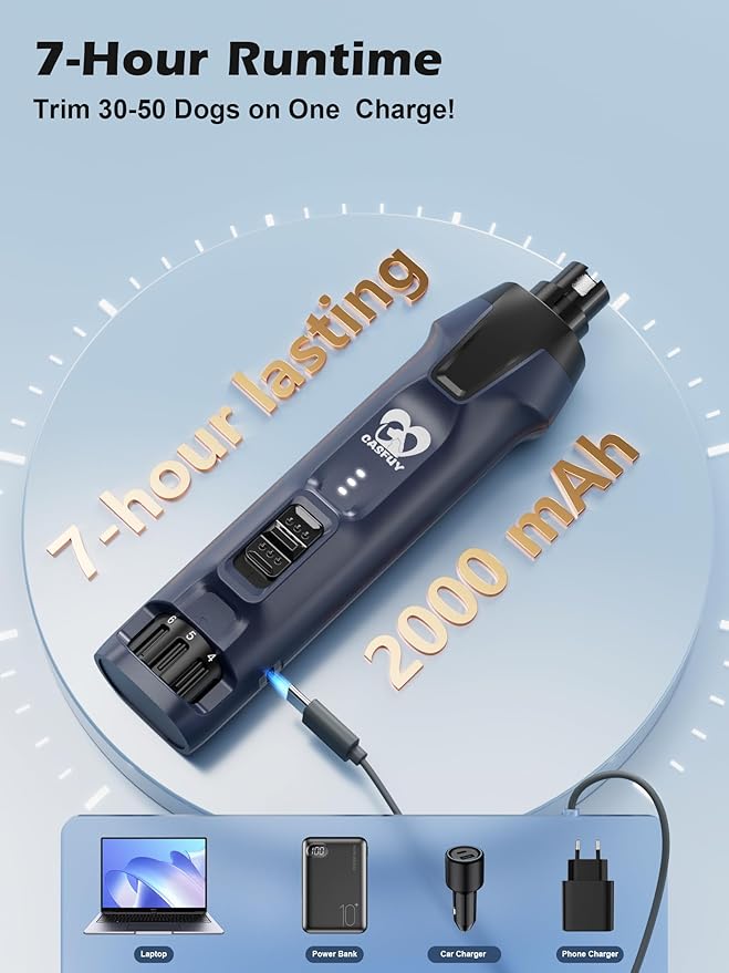 Casfuy 6-Speed Dog Nail Grinder – 50%+ Boost Power Dog Nail Trimmers Quiet with Dust Cap & 2 LED Lights & 2000mAh Battery & 4.8V Motor Electric Pet Toenail File Tool for Large Medium Small Dogs Cats-PawvioPets