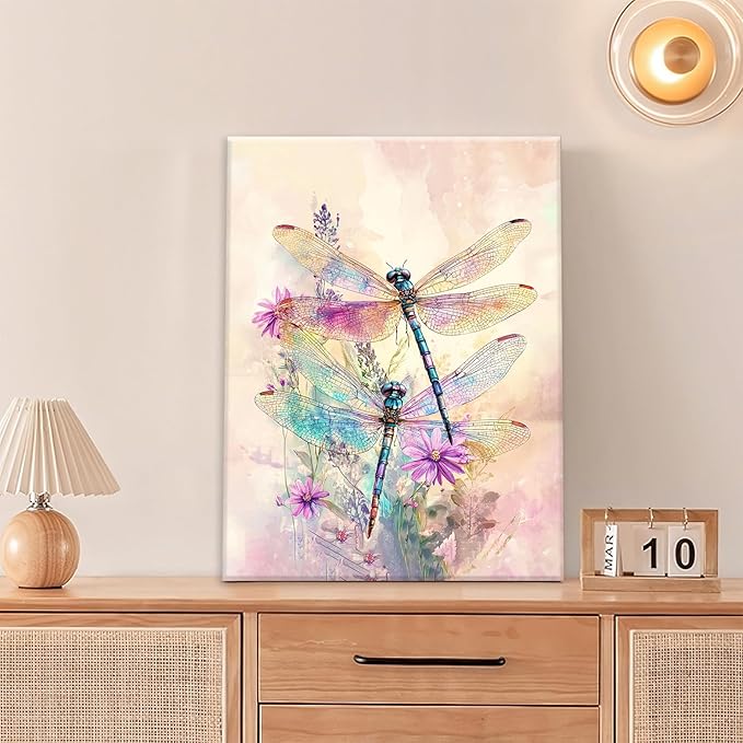 Dragonfly Bathroom Pictures Wall Art, Floral Bathroom Wall Decor, Framed Painting Canvas Artwork for Bedroom Living Room Decorations 20"L x 16"W-PawvioPets