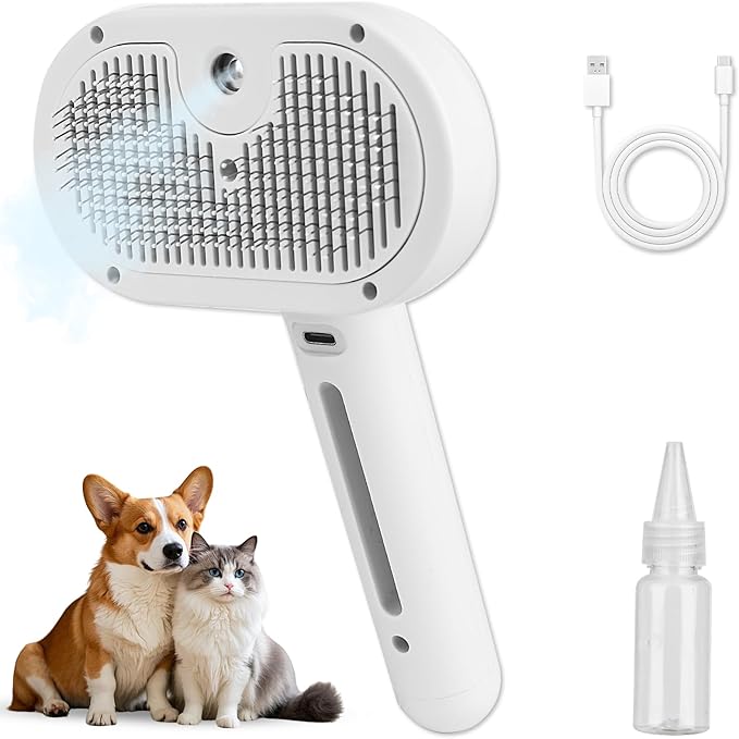 Dog Brush for Shedding, Cat Brushes for Indoor Cats, Cat Brush for Shedding - Pet Grooming Supplies with Steam, Hair Removal Comb Spray for Long-Haired Cats and Dogs (White)-PawvioPets
