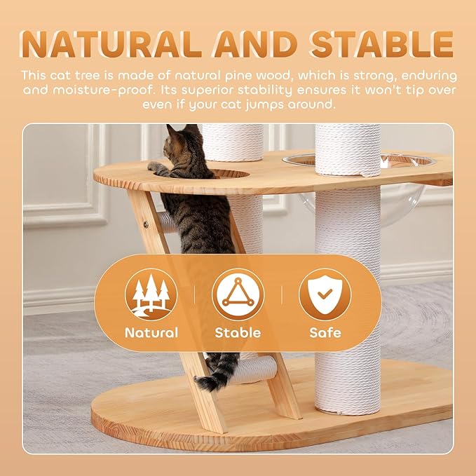 63.6'' Modern Cat Tree Indoor, Solid Wood Cat Tree with Scratching Post for Multi-Cat Families, Tall Cat Tower with Auxiliary Stairs, Huge Condo for Large Cats-PawvioPets