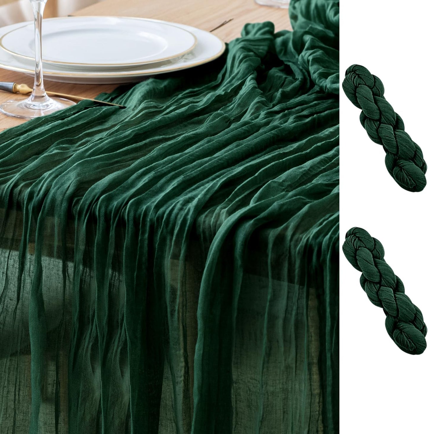 Asee'm 2PCS Table Runner Cheesecloth 10FT Emerald Green Boho Gauze Fabric Rustic Sheer Cheese Cloth Runners for Wedding Bridal Shower Party Spring Easter Decoration
