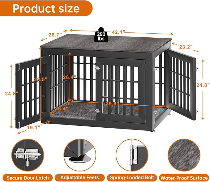 42" Heavy Duty Dog Crate Furniture for Small,Medium and Large Dogs,Rustic Wooden Dog Cage Kennel Indoor Furniture with Waterproof Top,Decorative Pet House Side End Table (Black & Grey)-PawvioPets