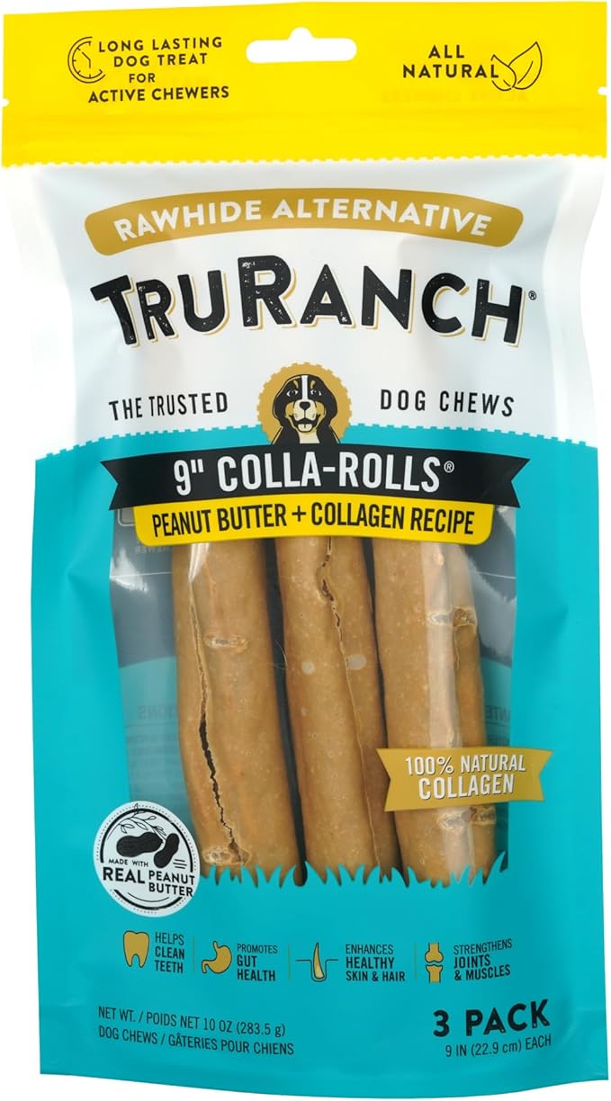 Collagen Rolls - 9" Collagen Rolls for Dogs - Long Lasting Healthy Joint Support Dog Treat - Rawhide Alternative - Skin & Coat Health - Made with Real Peanut Butter, 1 Bag, 3 Count-PawvioPets