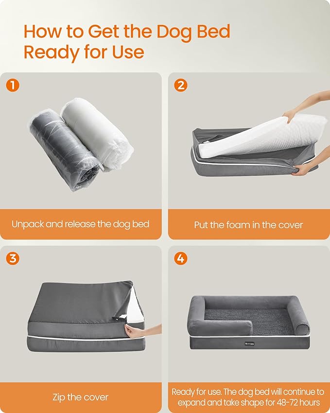 Feandrea Orthopedic Dog Bed, Large Dog Bed Waterproof, Removable Washable Cover Sofa with Non-Slip Bottom, Raised Edges, 36 x 28 x 8 Inches, Light Gray UPGW067G02-PawvioPets