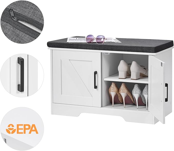 2-Tier Storage Bench, Shoe Bench with Padded Seat Cushion, Entryway Bench with 2 Barn Doors, Adjustable Shelf, 13.8" D x 27.6" W x 17.7" H, for Entryway, Living Room, Bedroom, White-PawvioPets