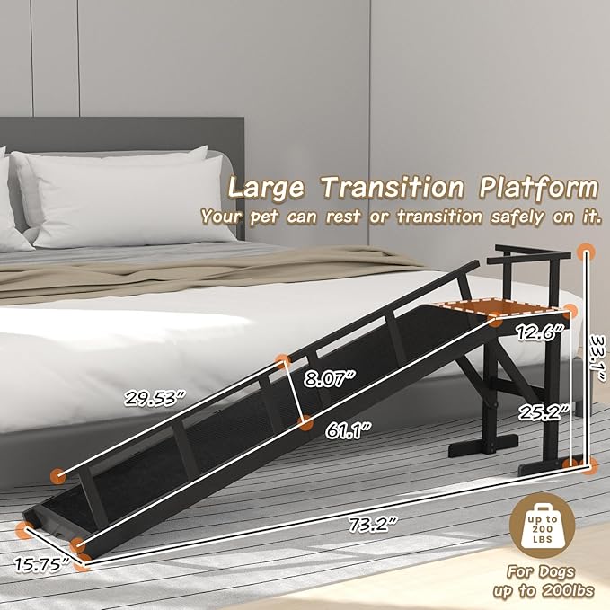 73" Dog Ramp for Bed, Pet Ramp with Removable Side Rail and Non-Slip Surface, Pet Ramp for Small & Large & Senior Dogs with Rest Platform and DIY Glow Strips,Dog Stairs for Couch, Black-PawvioPets