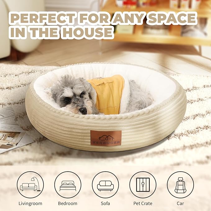 Cat Bed, 20In Dog Beds for Small Dogs, Calming Cat & Dog Beds for Indoor Pets, Pet Beds Comfortable Donut Round Ultra Soft (Camel, 23" L x 23" W x 6.5" Th)-PawvioPets