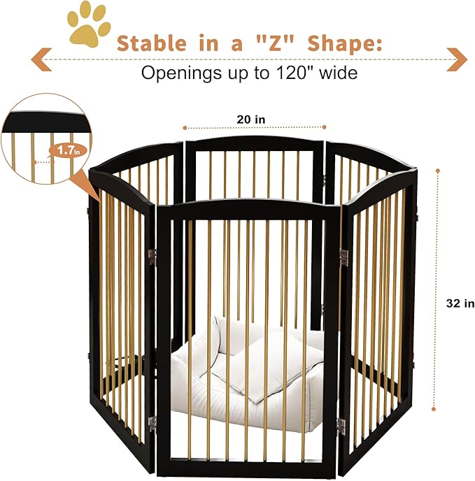 Freestanding Pet Gate for Dogs, Indoor Wooden Dog Gate for House, Extra Wide Dog gate, Foldable Dog Gate for Stair, Doorway, Hall, Support Feet Included, 120 Inch Wide, 6 Panels 32",Black&Gold-PawvioPets