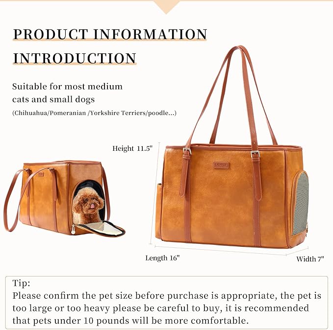 Fashion Dog Purse Pet Carrier Leather Bag for Small Dogs Cats Puppy, Portable Tote Bag Airline Approved Soft-Sided Carriers (Brown)-PawvioPets
