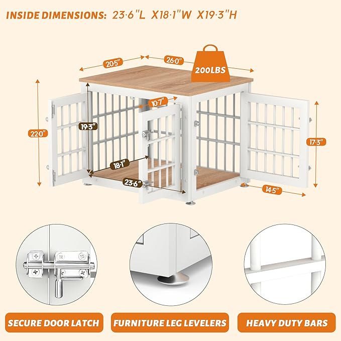 26 Inch Heavy Duty Dog Crate Furniture for Small Dogs, Decorative Pet House End Table, Wooden Cage Kennel Furniture Indoor, White and Natural-PawvioPets