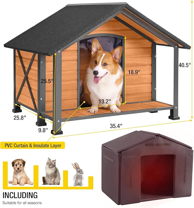 Aivituvin Dog House with Insulated Liner Outdoor All-Around Iron Frame Dog Kennel Outside with Overhang Roof Large Porch Weatherproof-PawvioPets
