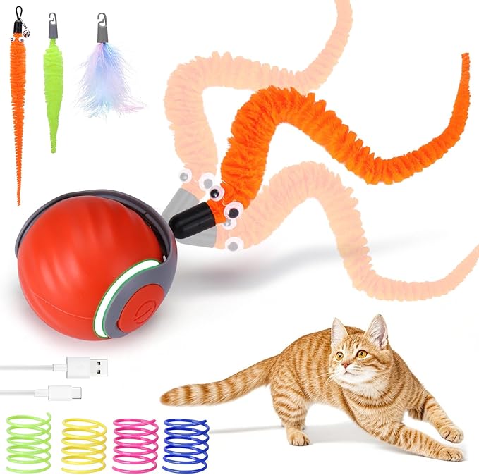 AIERSA Interactive Automatic Cat Toys for Indoor Adult Cats,Self Play Speed Tail Toy with 3 Tails and 4 Springs (Orange)-PawvioPets