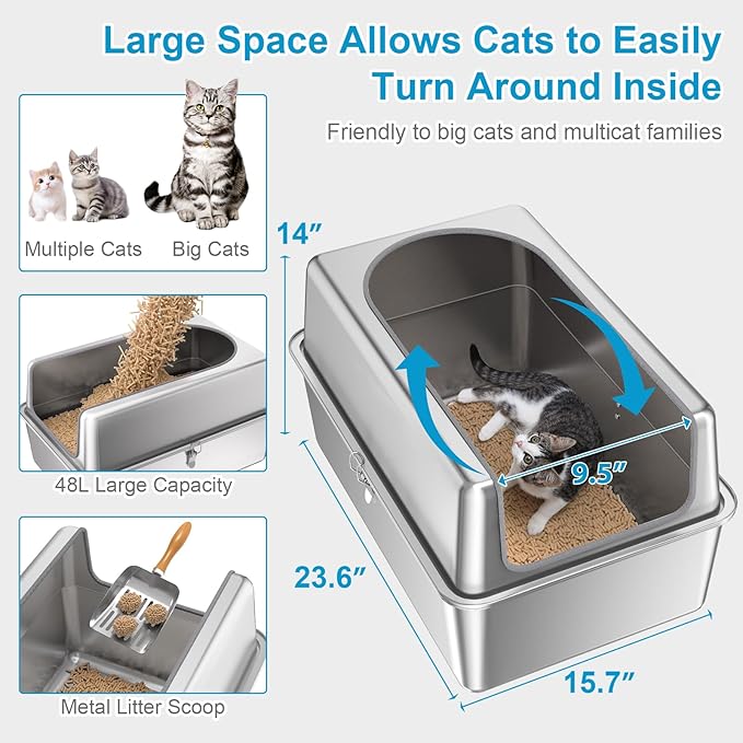 14'' High Sides XXL All Stainless Steel Cat Litter Box with Lid,XL Deep Metal Litter Box for Big Cats,Extra Large Litter Boxes with High Wall Enclosure,Anti-Leakage,Never Absorbs Odors,Non-Sticky-PawvioPets