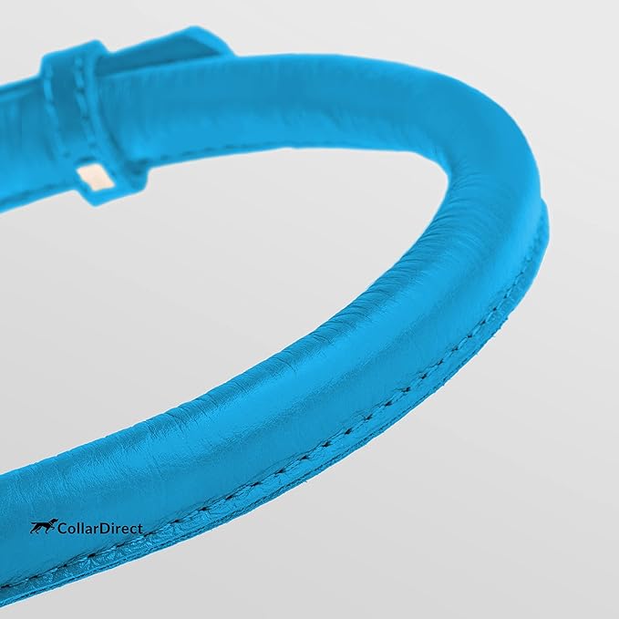 CollarDirect Rolled Leather Dog Collar, Soft Padded Round Puppy Collar, Handmade Genuine Leather Collar Dog Small Large Cat Collars 13 Colors (6-7 Inch, Light Blue Textured)-PawvioPets