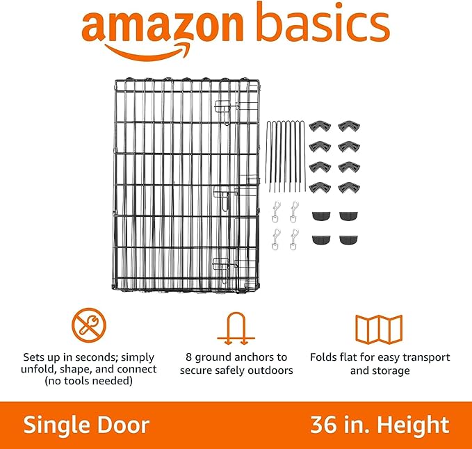 Amazon Basics Foldable Octagonal Metal Exercise Dog Playpen - Indoor/Outdoor, Single Door, Medium (8 Panels, 24 x 36), Easy to assemble and store, 36" - Medium, Black-PawvioPets