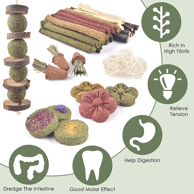 ERKOON Bunny Toys Boredom, 42 PCS Bunnies Timothy Hay Sticks Carrots Rose Grass Cake Dental Care, Molar, Chinchillas Toy Chew Toy, Guinea Pigs, Hamsters, Chinchilla, Rabbit Chew Toys for Teeth-PawvioPets